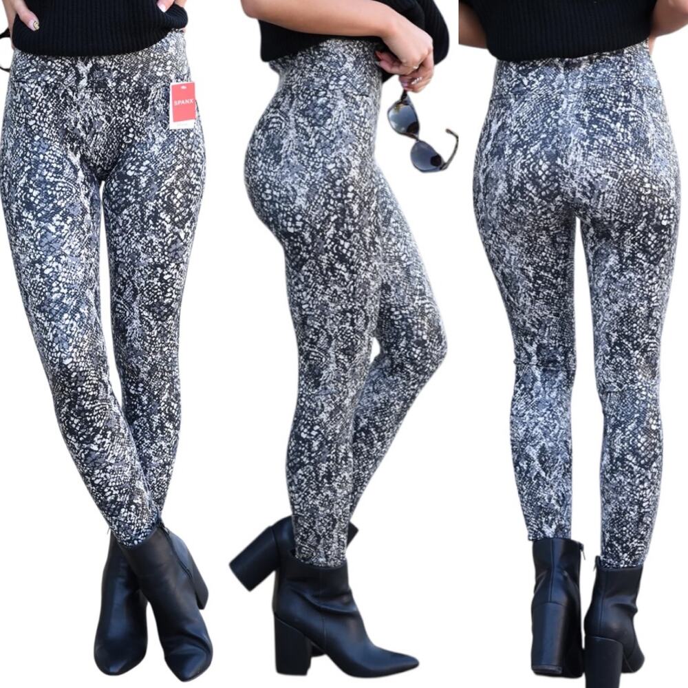 NWOT Spanx Faux Leather Snake Shine Leggings Gray / Black Size Small